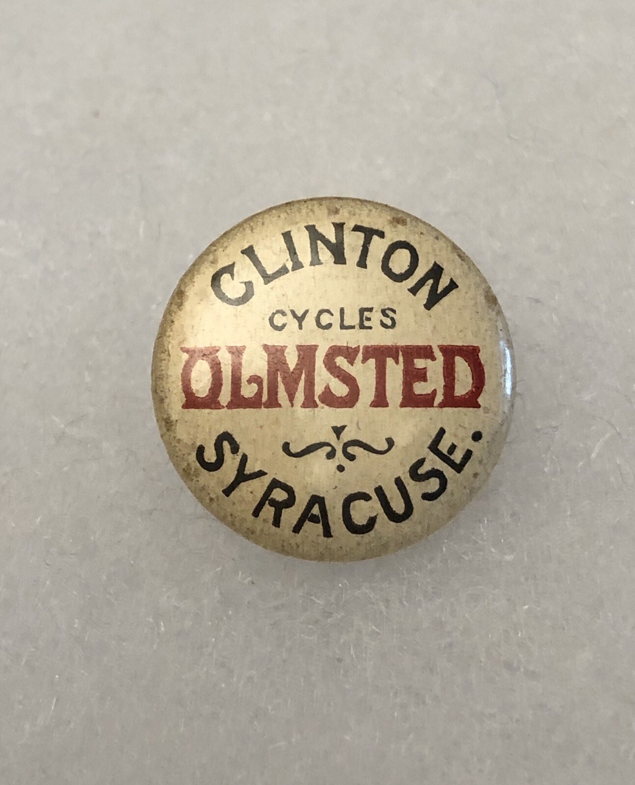 Antique 1890s 1900s Bicycle Stud Button Pin CLINTON CYCLES OLMSTEAD Syracuse NY