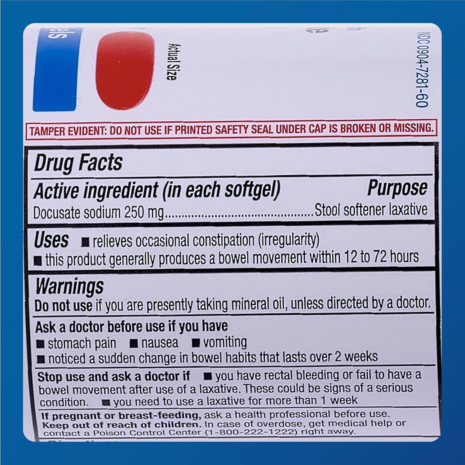 Major Docusate Sodium 250mg 100 Softgels – Constipation Relief - Stool Softner