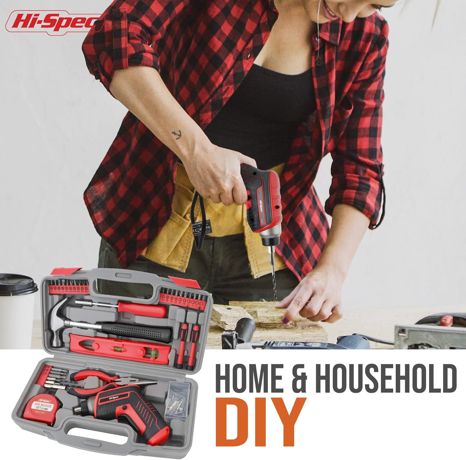 35Pc Red Tool Kit with 3.6V USB Electric Screwdriver and Drill Set. Complete Bas
