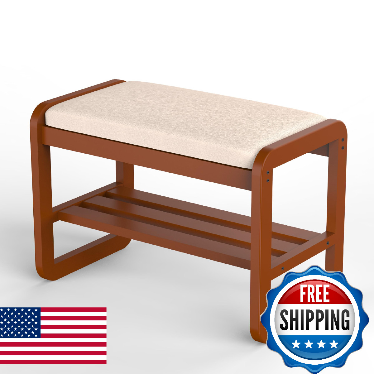 Wuditure Solid Wood Shoe Rack 2 Tier Shoe Storage Bench Cushion Seat 6 Pair