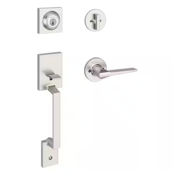 Kwikset Amador Satin Nickel Entry Door Handleset with Round Rose Hollis SmartKey