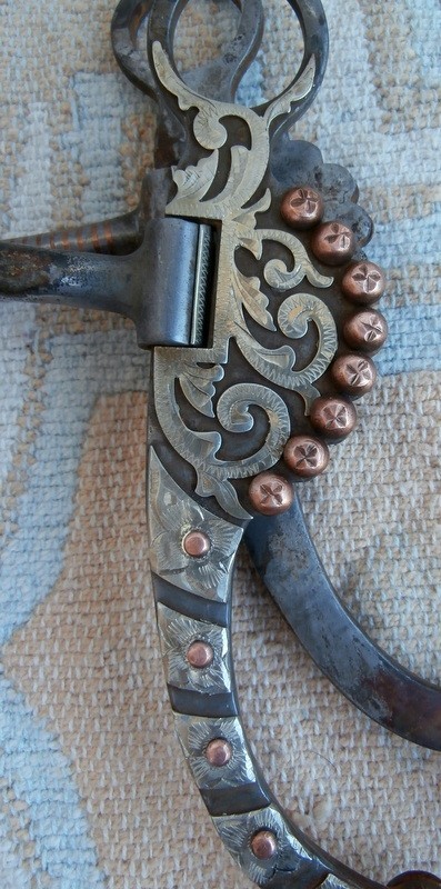 Shank Snaffle Iron Horse Bit Silver Scroll Design Copper Dots Lip Chains