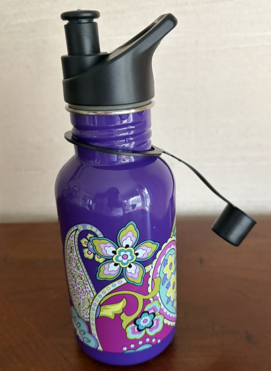 Vera Bradley Water Bottle featuring a colorful paisley printed on purple bottle