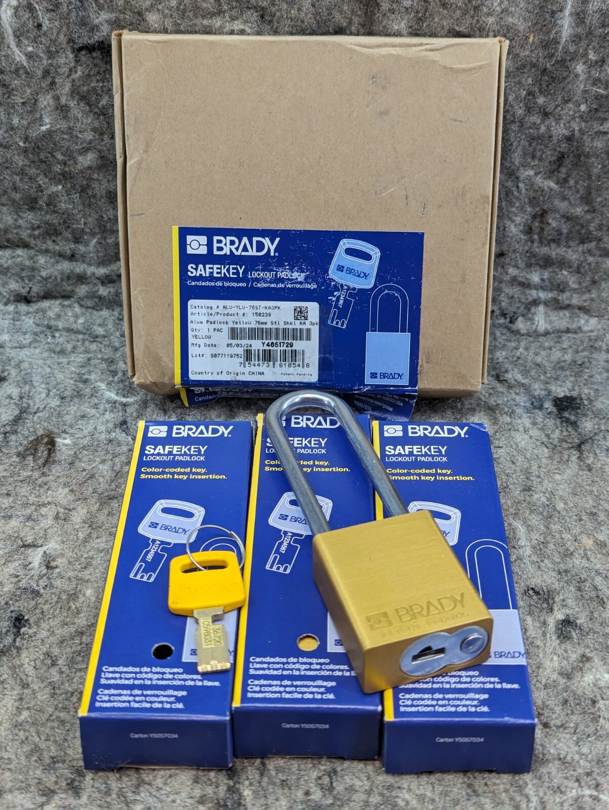 3 x BRADY SAFEKEY ALU-YLW-76ST-KA3PK Lockout Padlock Aluminum Yellow 76mm NEW