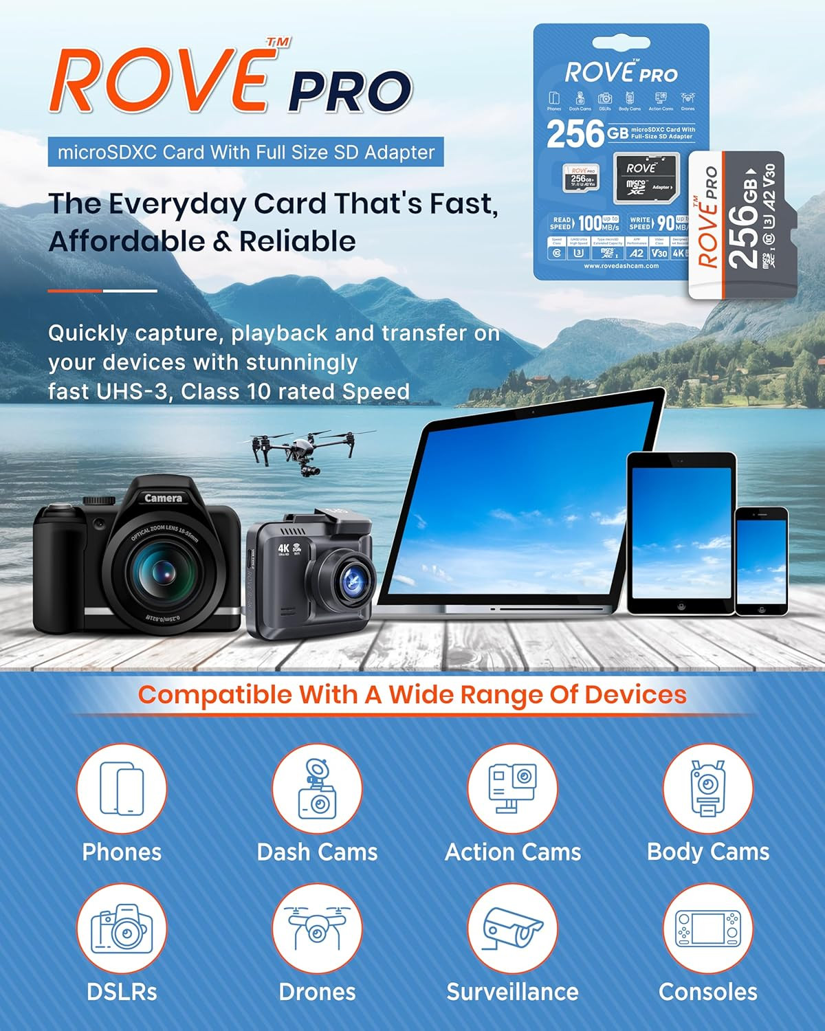 256GB PRO Micro SD Card with SD Adapter - 100MB/s, U3, A2, 4K Ready