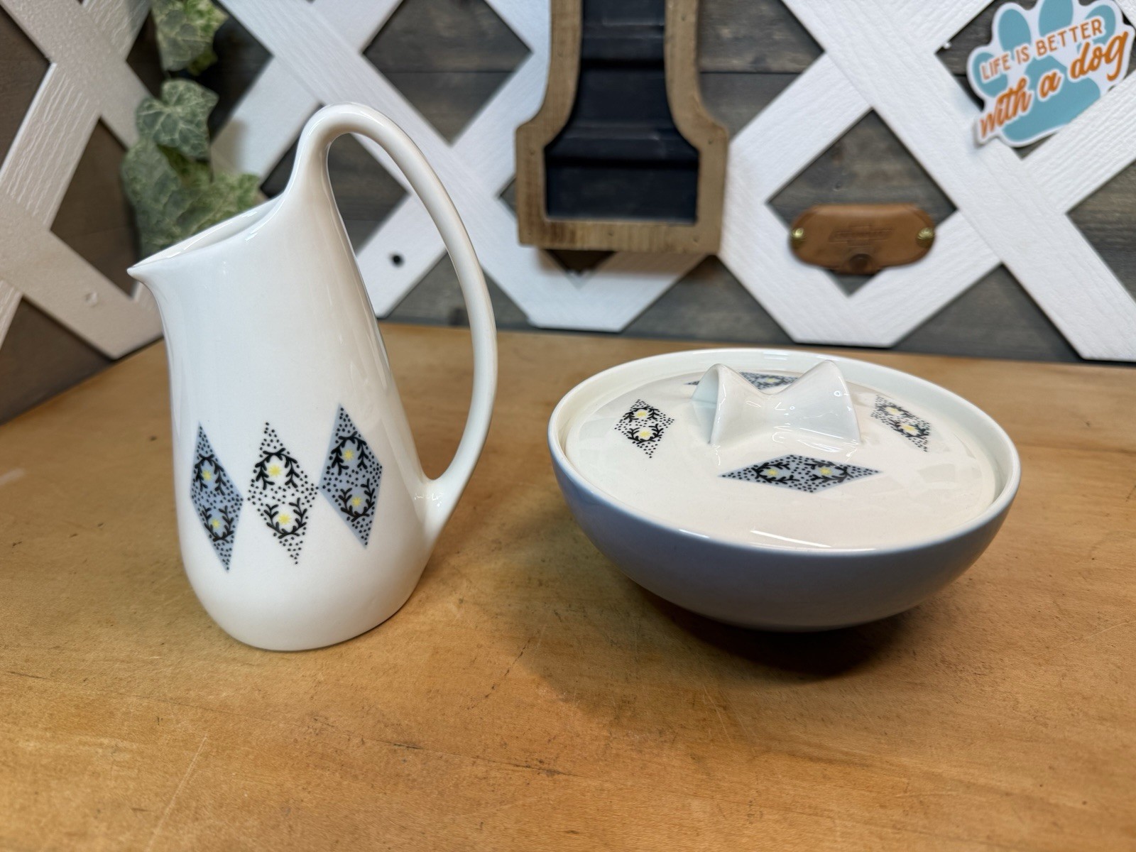 Iroquis Blue Diamonds Creamer & Sugar Bowl