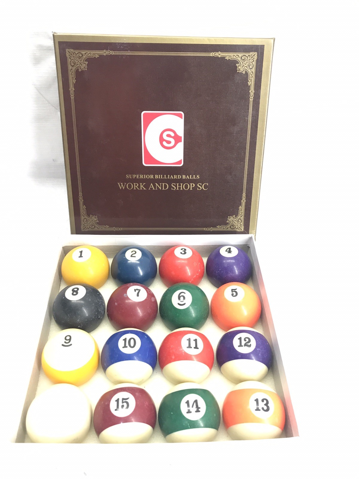 WORK AND SHOP SC Complete Set of 16 Superior Billiard Pool Balls IN ORIGINAL BOX