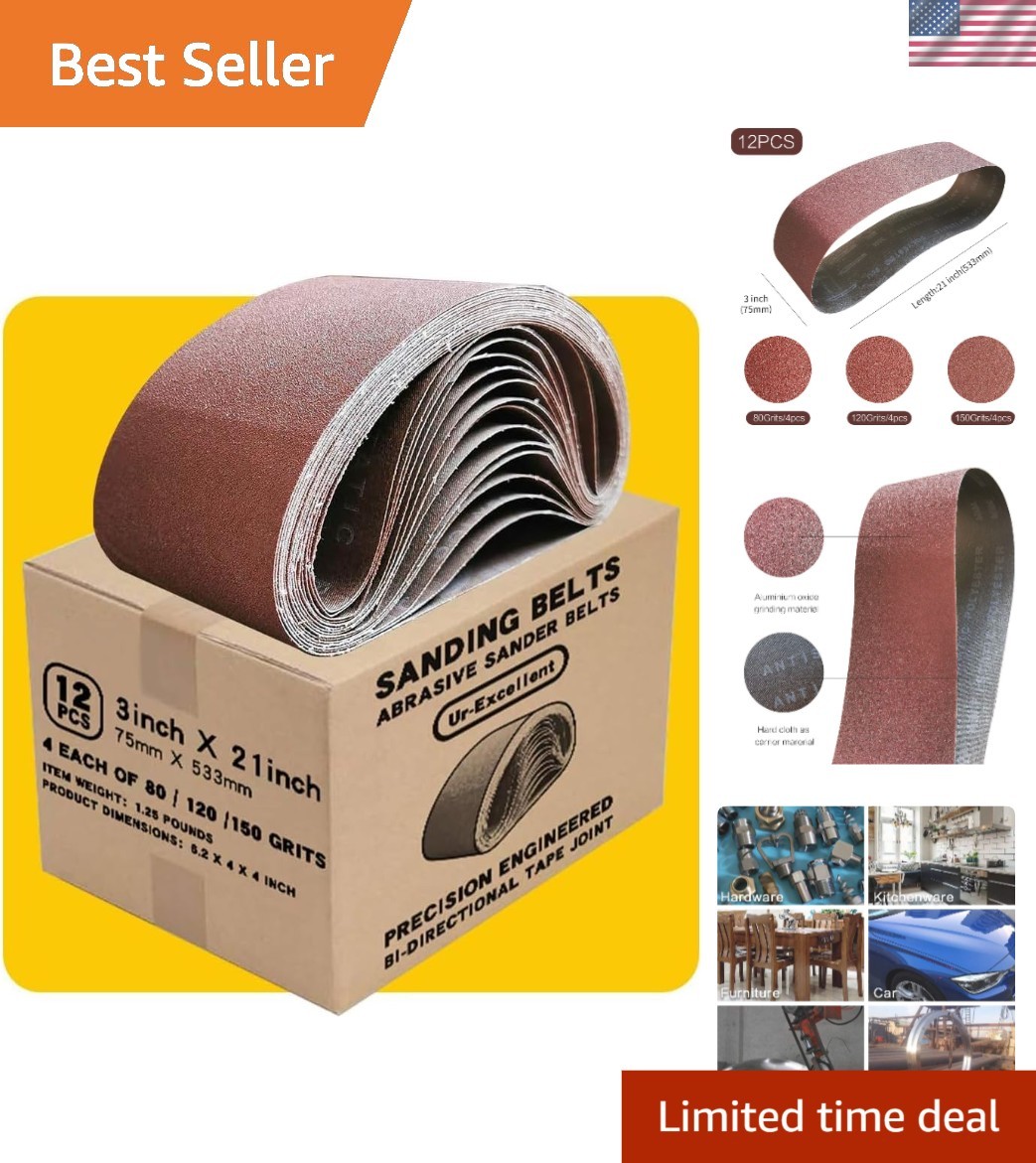 Professional 3x21 Sanding Belts: 12-Piece Aluminum Oxide Pack for Versatile Use