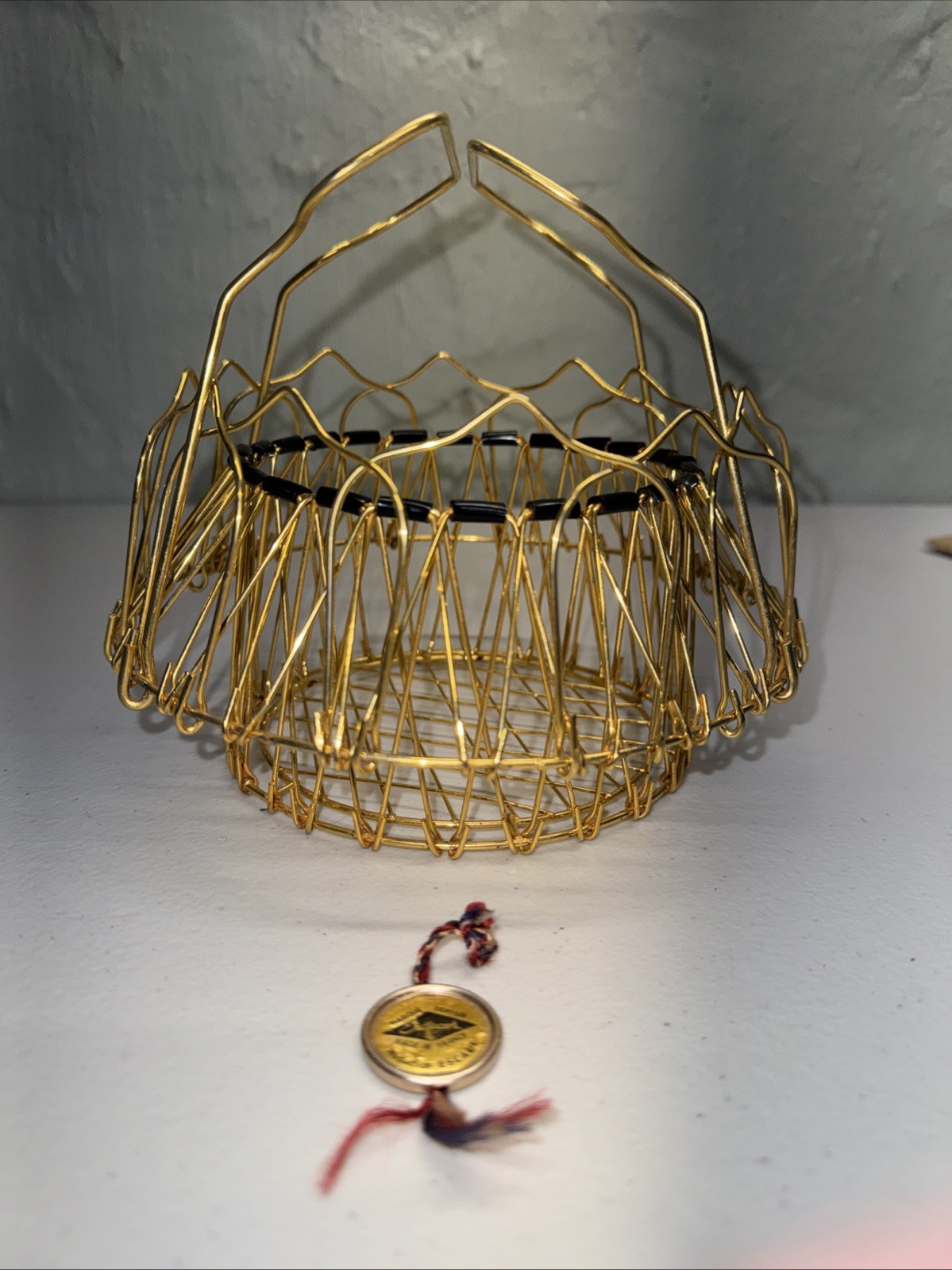 Vintage Mid Century Pure Gold Coated Erdcore Wire Basket With Tag France