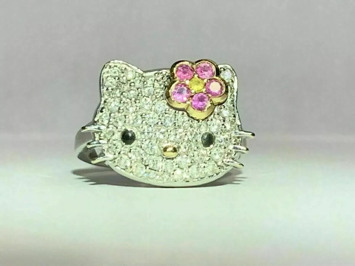 2.20 Ct Round Cut Simulated Diamond Cute Hello Kitty Ring 14k White Gold Plated