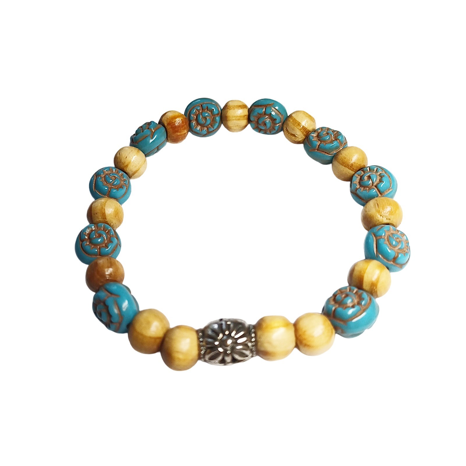 Teal Flower and Wood Minimalist Beaded Bracelet-7.5 inch Stretchy