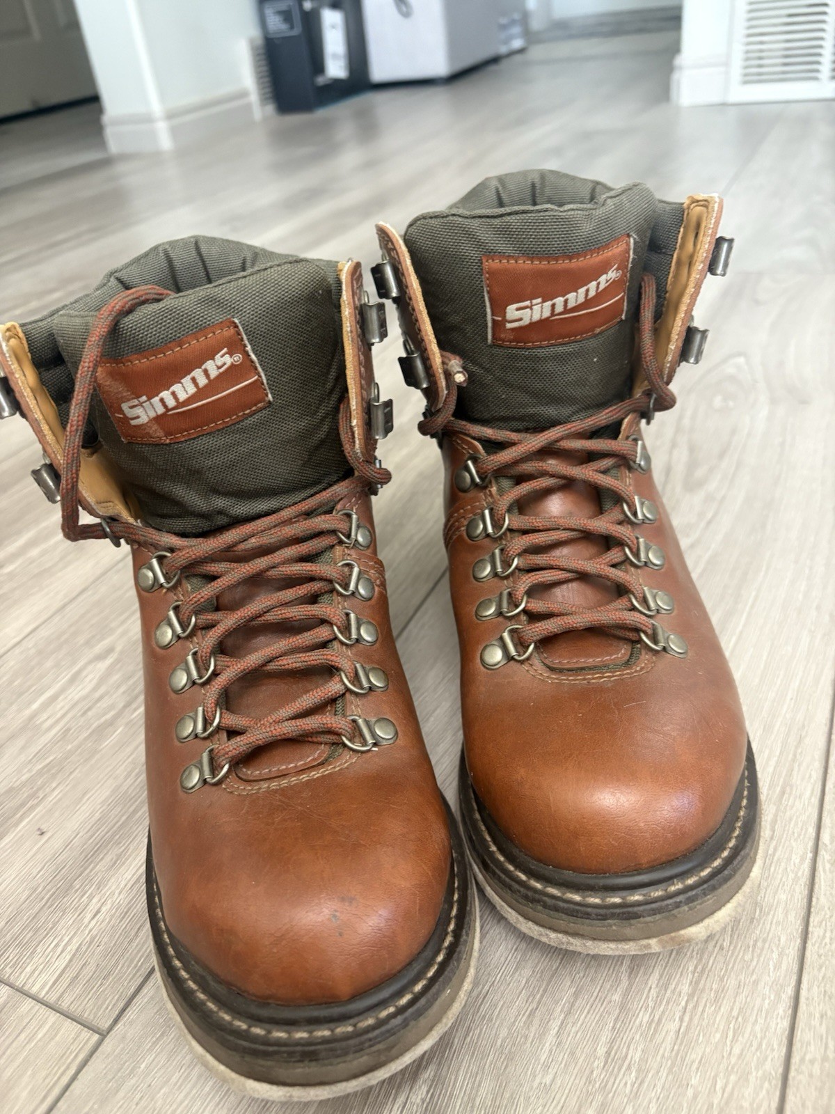 Simms Freestone Fly Fishing Boots Brown Green Leather Felt Soles Mens Size 7