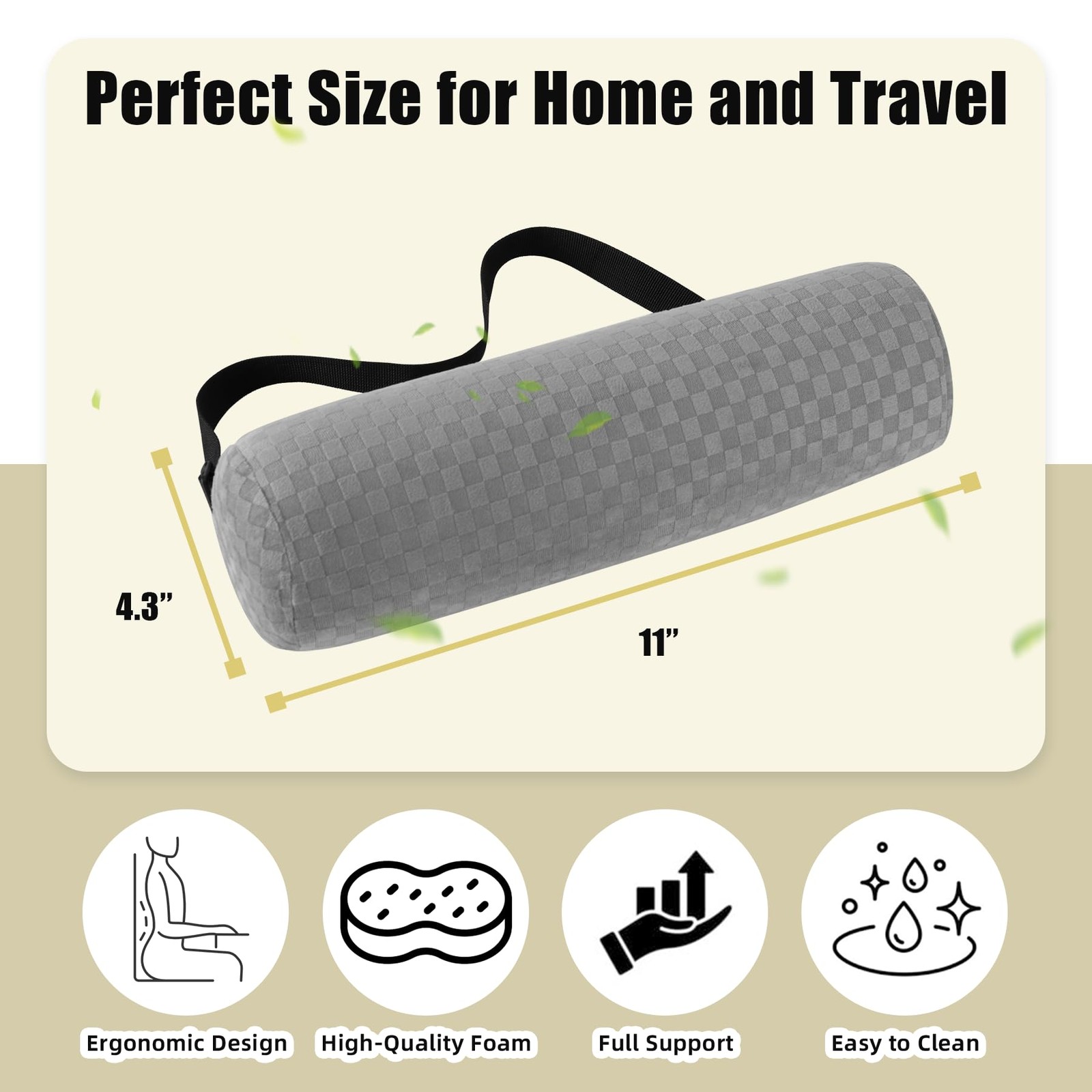 Lumbar Roll Pillow for Lower Back, Support Short-11*4.3'', Light Grey