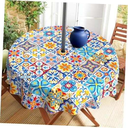 Outdoor Tablecloth with Umbrella Hole and Zipper, 60" (Round) Mexican Talavera