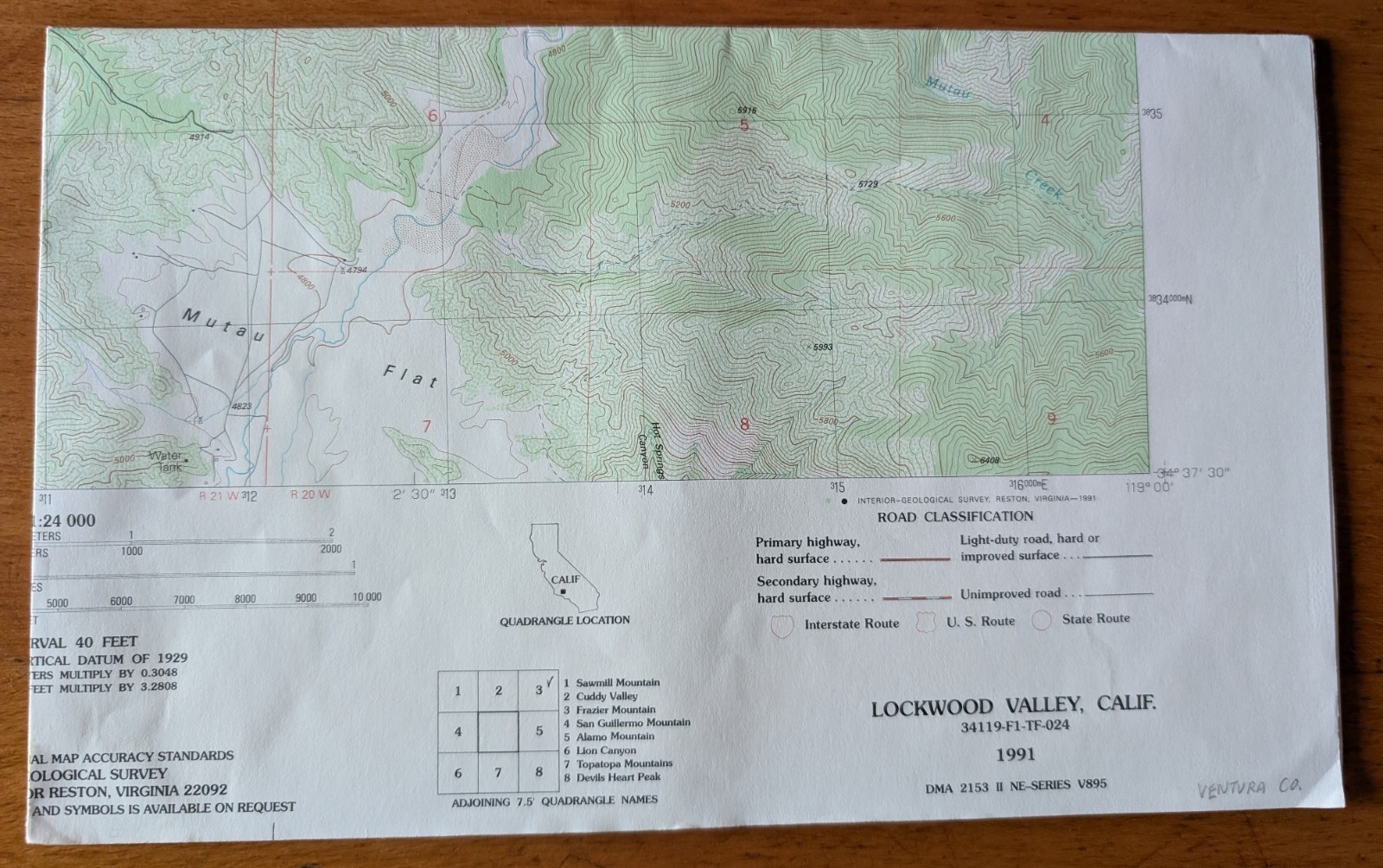 USGS Topo Map 7.5' Quad Lockwood Valley, California 34119-F1-TF-024, 1991