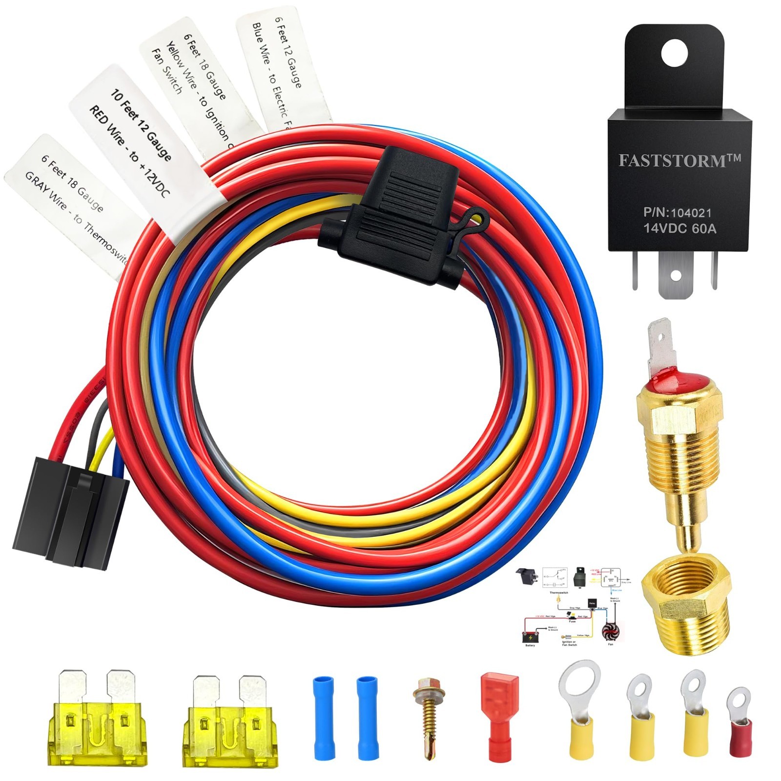 12V 60 AMP Electric Fan Relay Kit - Waterproof Radiator Cooling System w/ Thermo