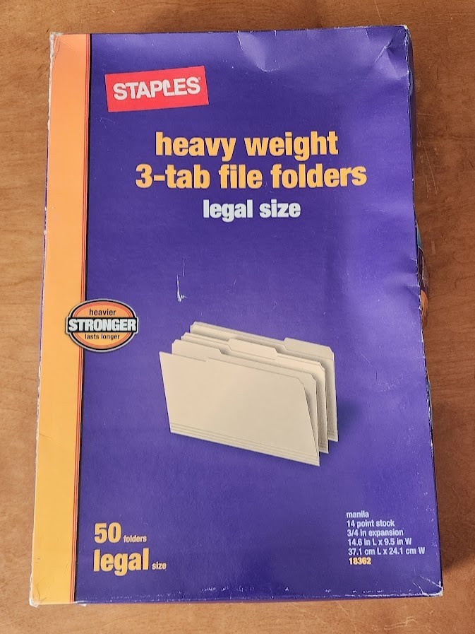 Staples Heavy Weight 3 Tab File Folders 50ct 18362 Legal Size 14 pt Stock Manila
