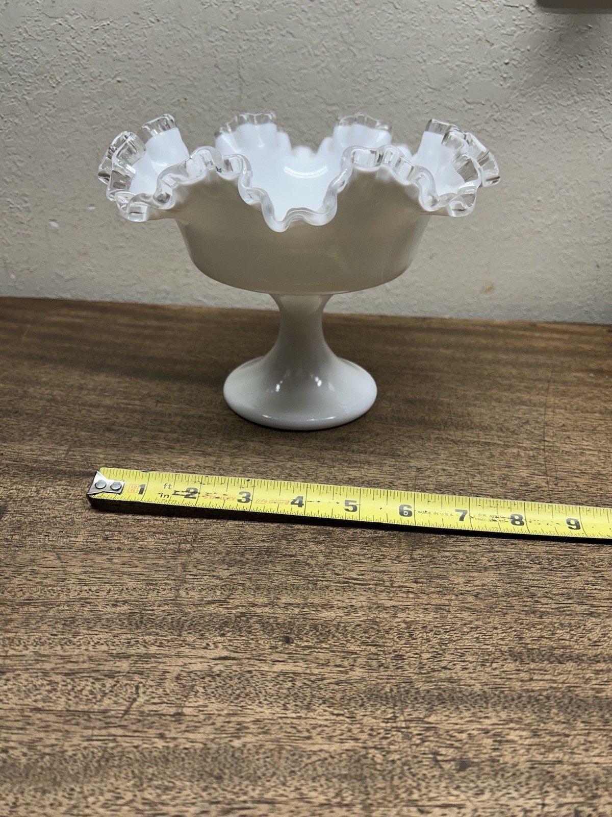 Vintage Fenton Silver Crest White Milk Glass Ruffled Pedestal Compote Dish 6"