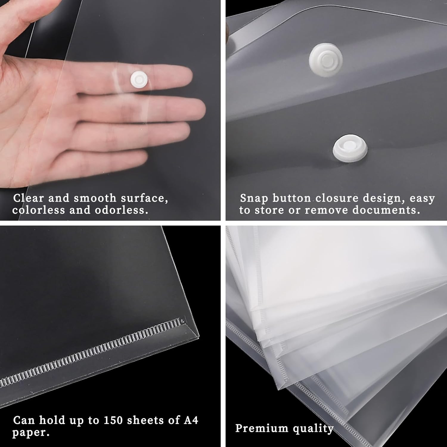 50Pcs Plastic Envelopes with Button Snap Closure, Clear Poly Folders for