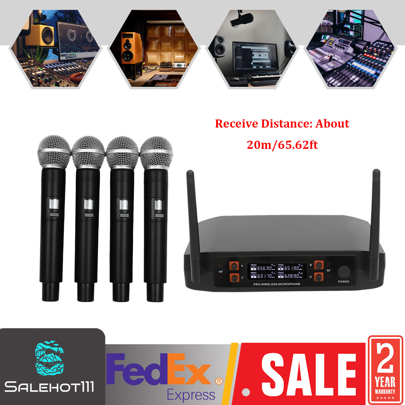 Wireless Microphone System Four Handheld Mics Set 65.62ft Practical Receiver