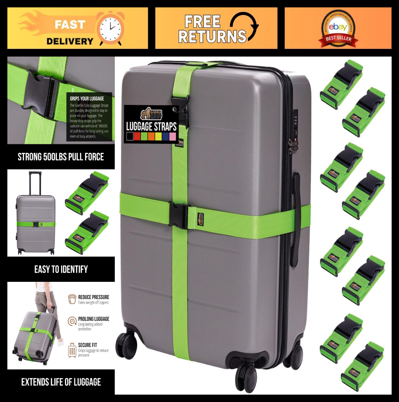 Heavy Duty Adjustable Luggage Straps - 8 Pack Travel Belt Connectors for Suitcas