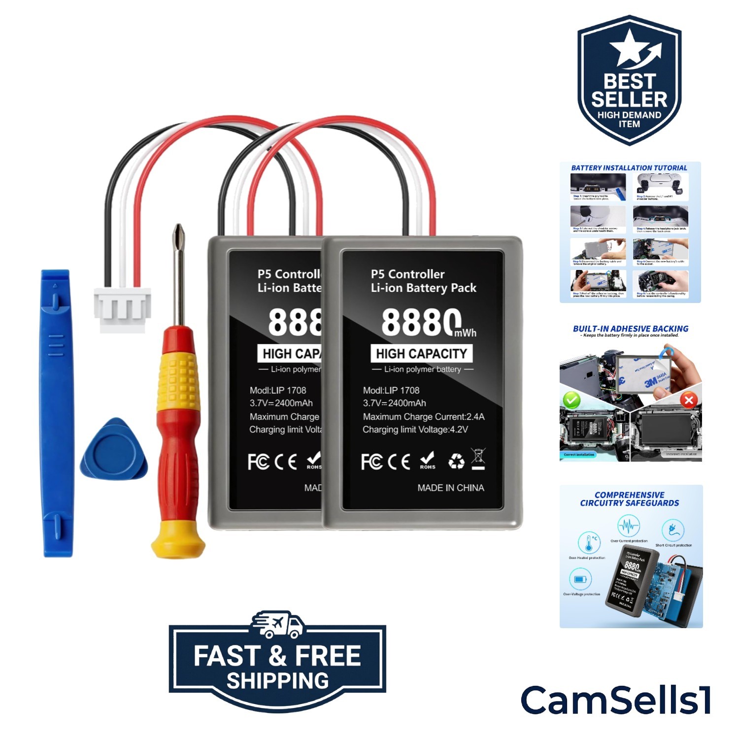 Reliable 2-Pack PS5 Battery Replacement - 8880mWh Capacity with Certified Safety