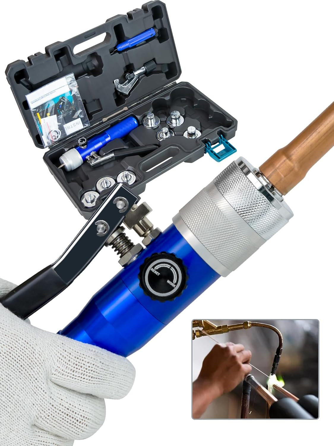 Compact Hydraulic Tube Expander Kit with Cutter & 7 Heads for Copper Pipes