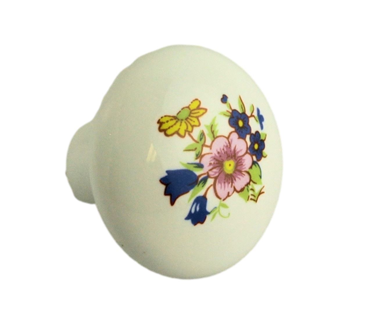 White Ceramic Knob w/ Flowers - 1-3/8"