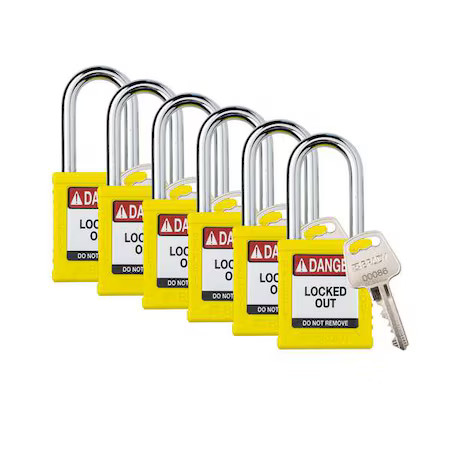 Brady Sdpl-Ylw-38St-Ka6 Padlock, Keyed Alike, Nylon, Yellow, 1 1/2 In Shackle