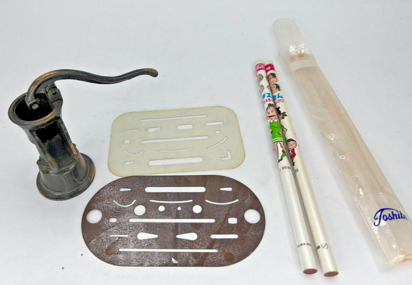 Vintage copper tone Pump sharpener Japanese new Toshiba pencils Eraser Shields