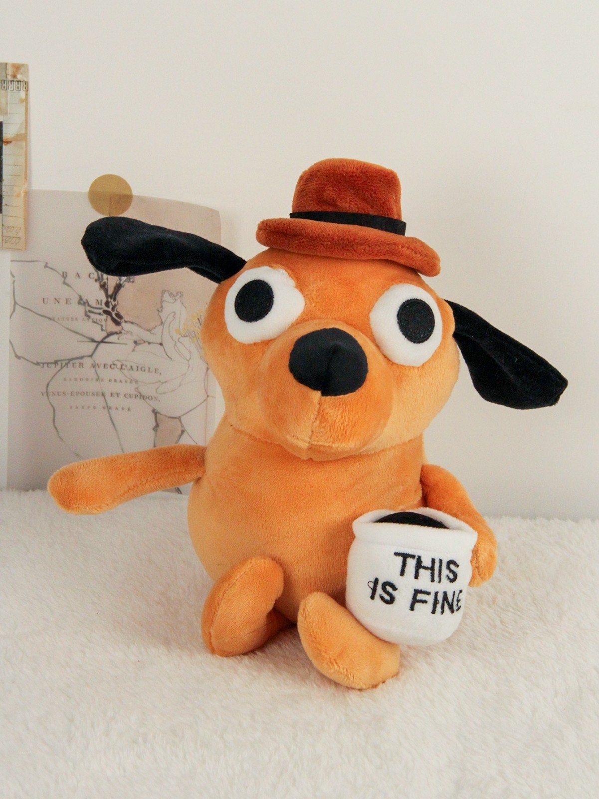 This Is Fine Meme Dog Plush 24cm Stuffed Coffee Cup Doll Funny Gift