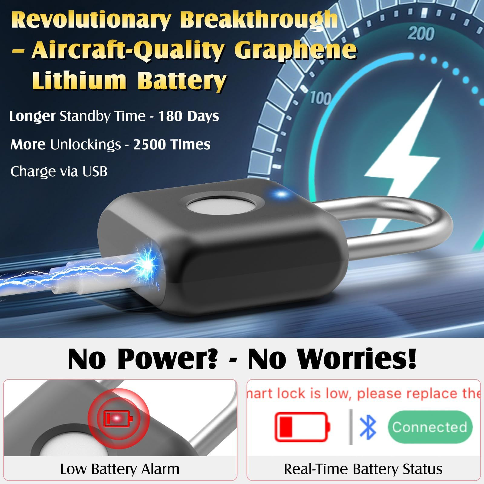 Fingerprint Padlock, Pothunder Smart Locker Lock, Small, Onyx Black