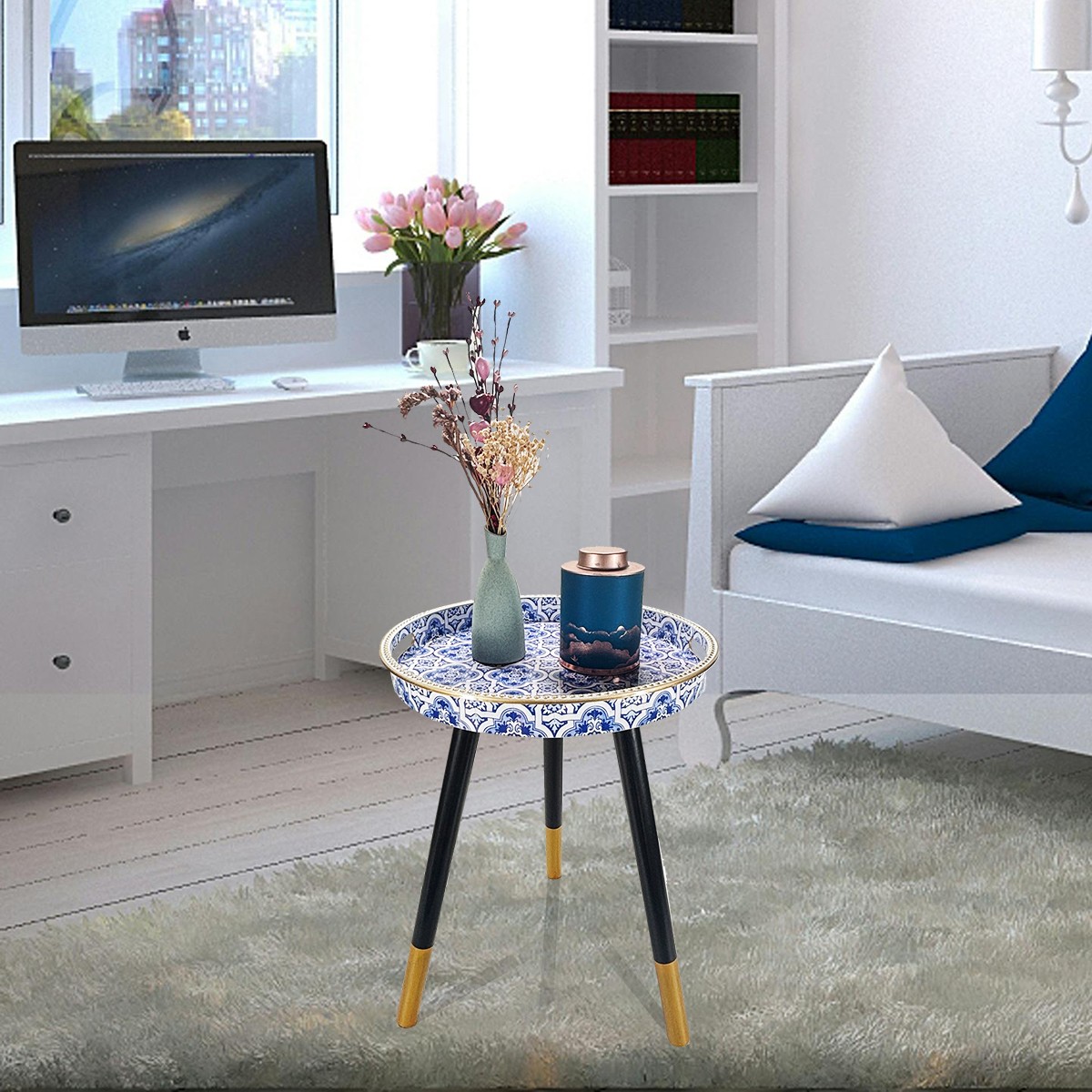 Round Accent Side Table Blue White Pattern Gold Trim Removable Legs