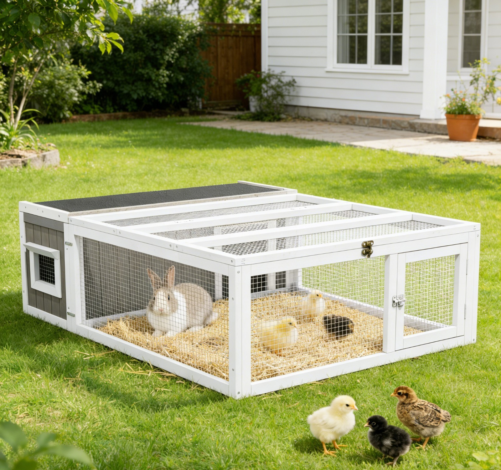 Wooden Bunny Cage Rabbit Hutch w/ Run and Top Door - Small Animal Cage and Coop