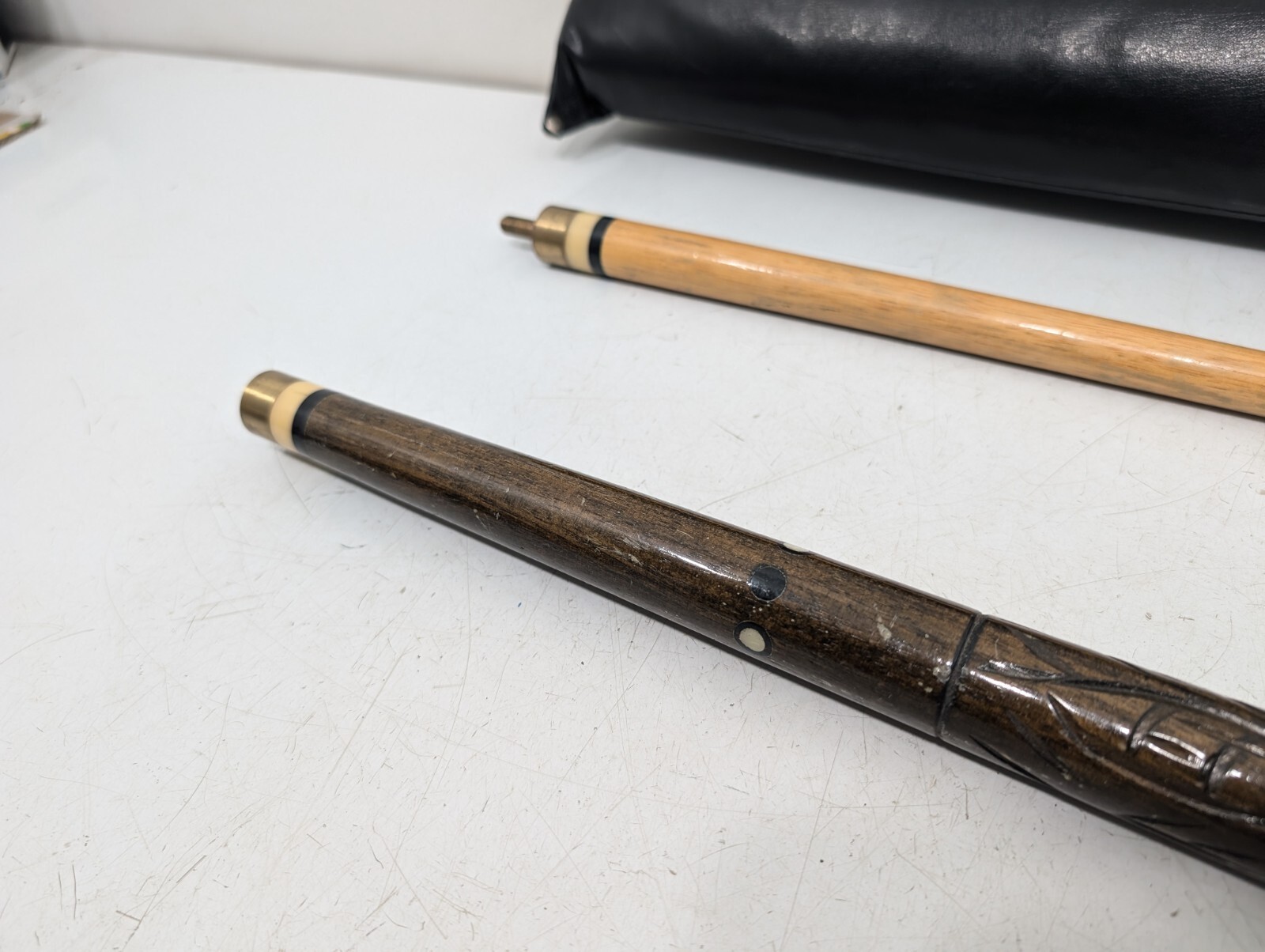 Vintage Pool Cue With Case - Tiki Bar Style Carved Wood Unique - Made In Hawaii