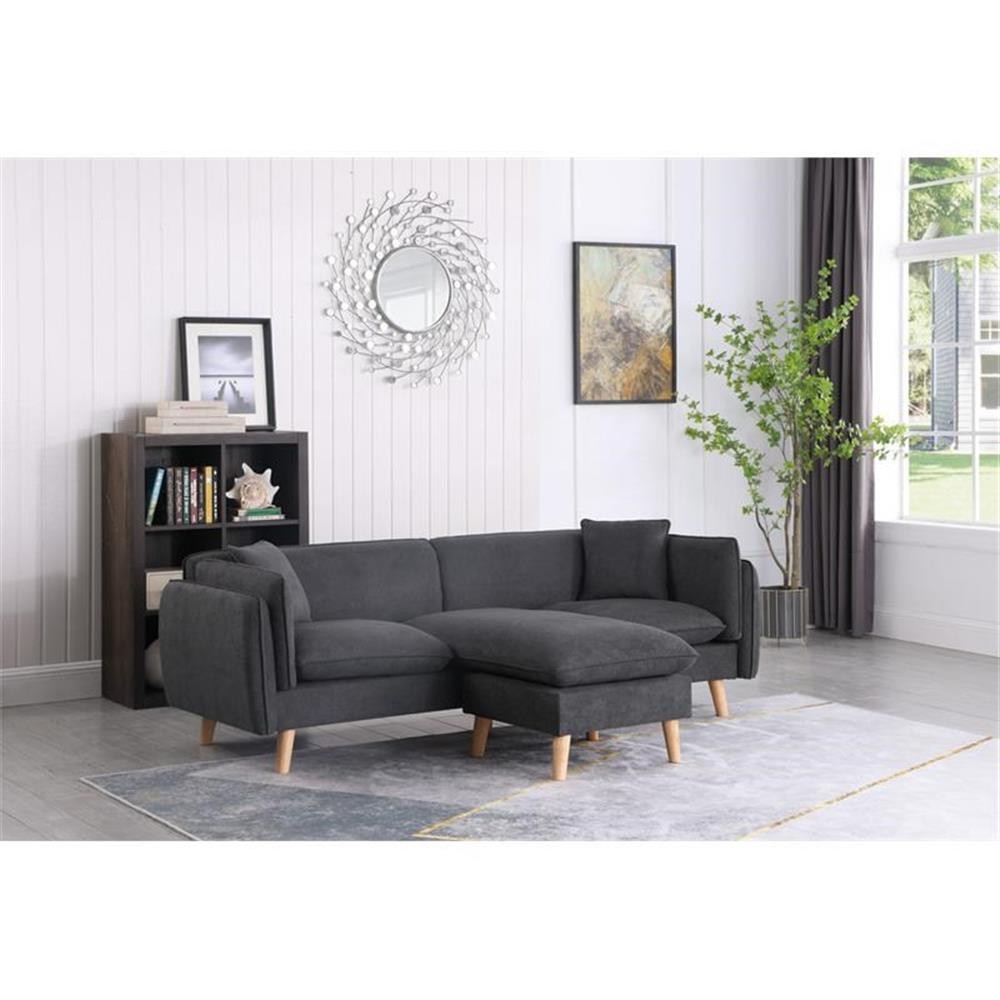 Bowery Hill Dark Gray Fabric Sectional Sofa Chaise Ottoman and 2 Pillows