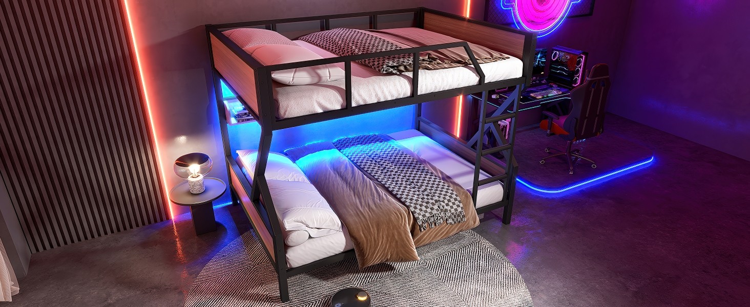 Metal Full over Full Bunk Bed with Storage Shelves Lights Space-saving Black New