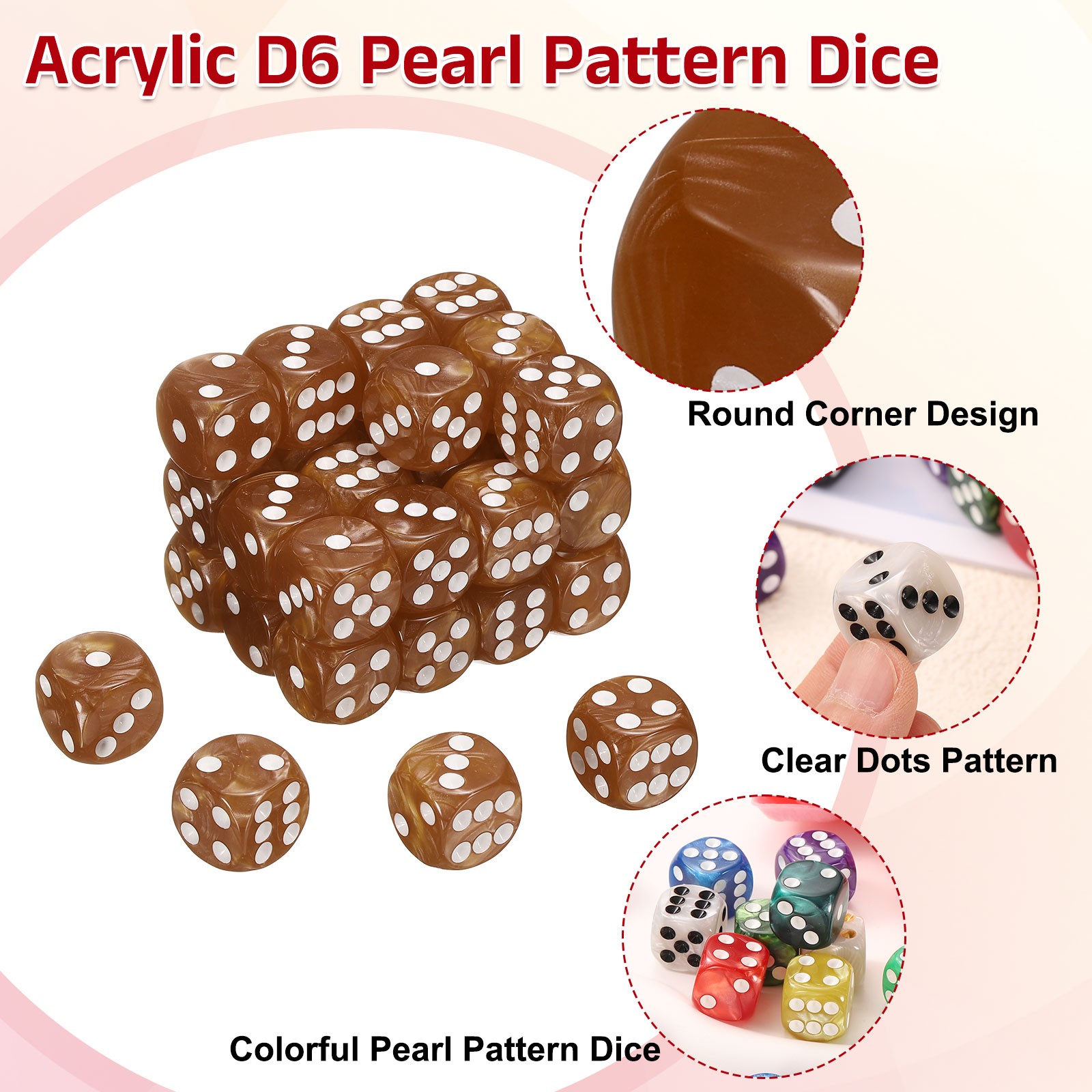 36Pcs 6 Sided Colored Standard Dice, Acrylic D6 Pearl Pattern Dice, Brown
