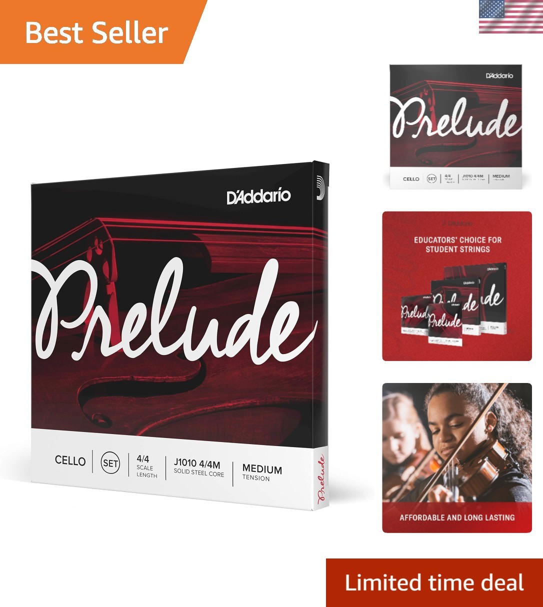 D'Addario J1010 Prelude Cello String Set - 4/4 Scale, Medium Tension, Warm Tone