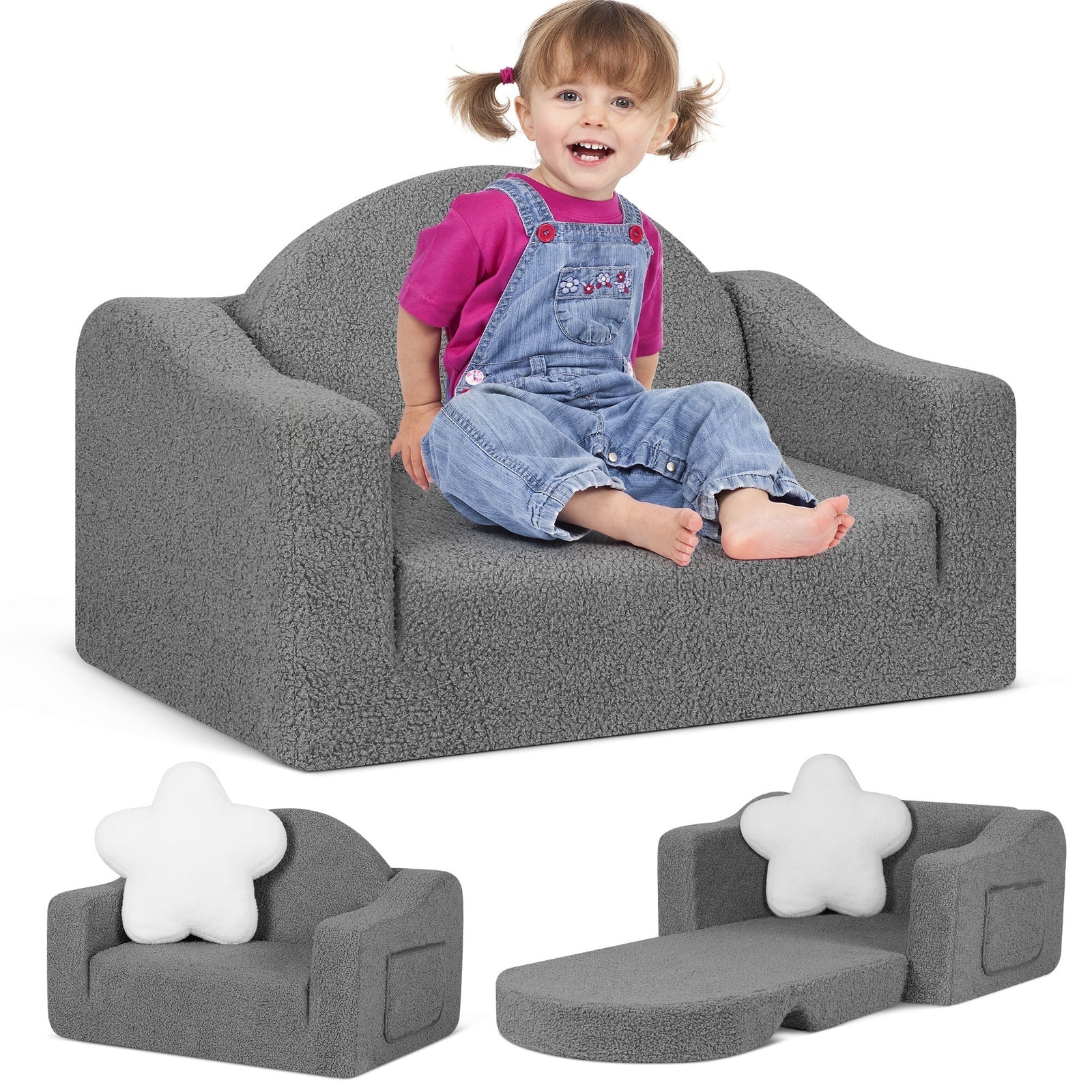 Kids 2-in-1 Toddler Couch Fold-Out Soft Convertible Chair Deep Gray Unisex