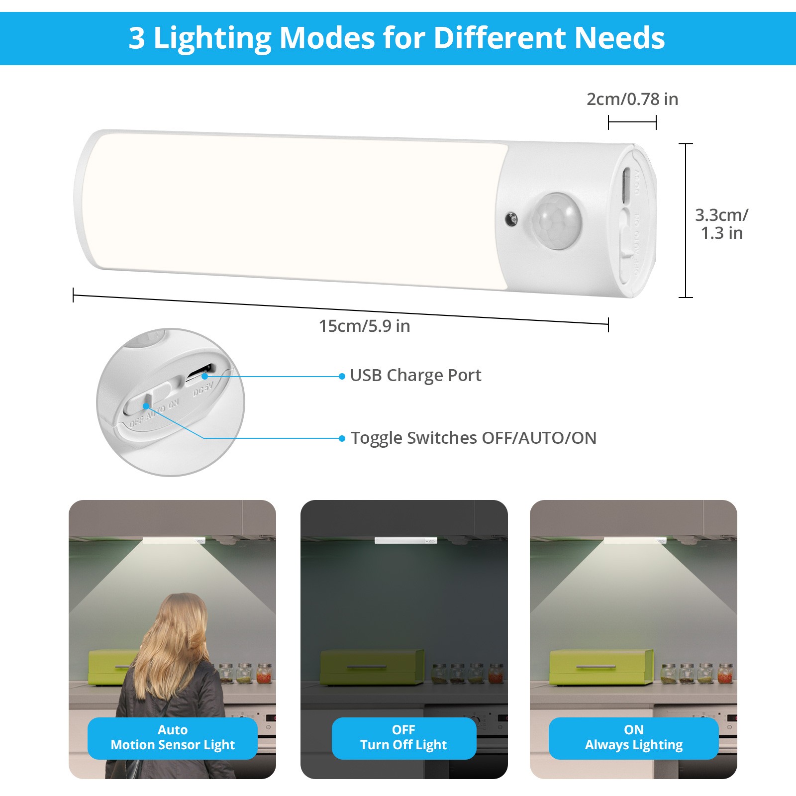 Dual Pack PIR Trigger Magnetic USB LED Light For RV Kitchen Storage Lighting