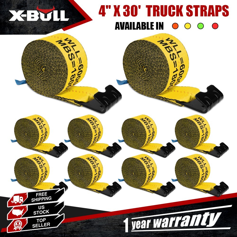 X-BULL Winch Truck Straps 10 Pack 4" x 30'   w/Flat Hook for Towing 18000 lbs