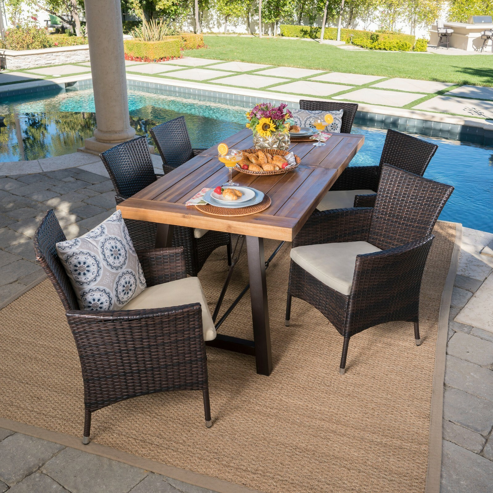 Toretto Outdoor 7 Piece Dining Set with Teak Finished Wood Table and Brown Chair