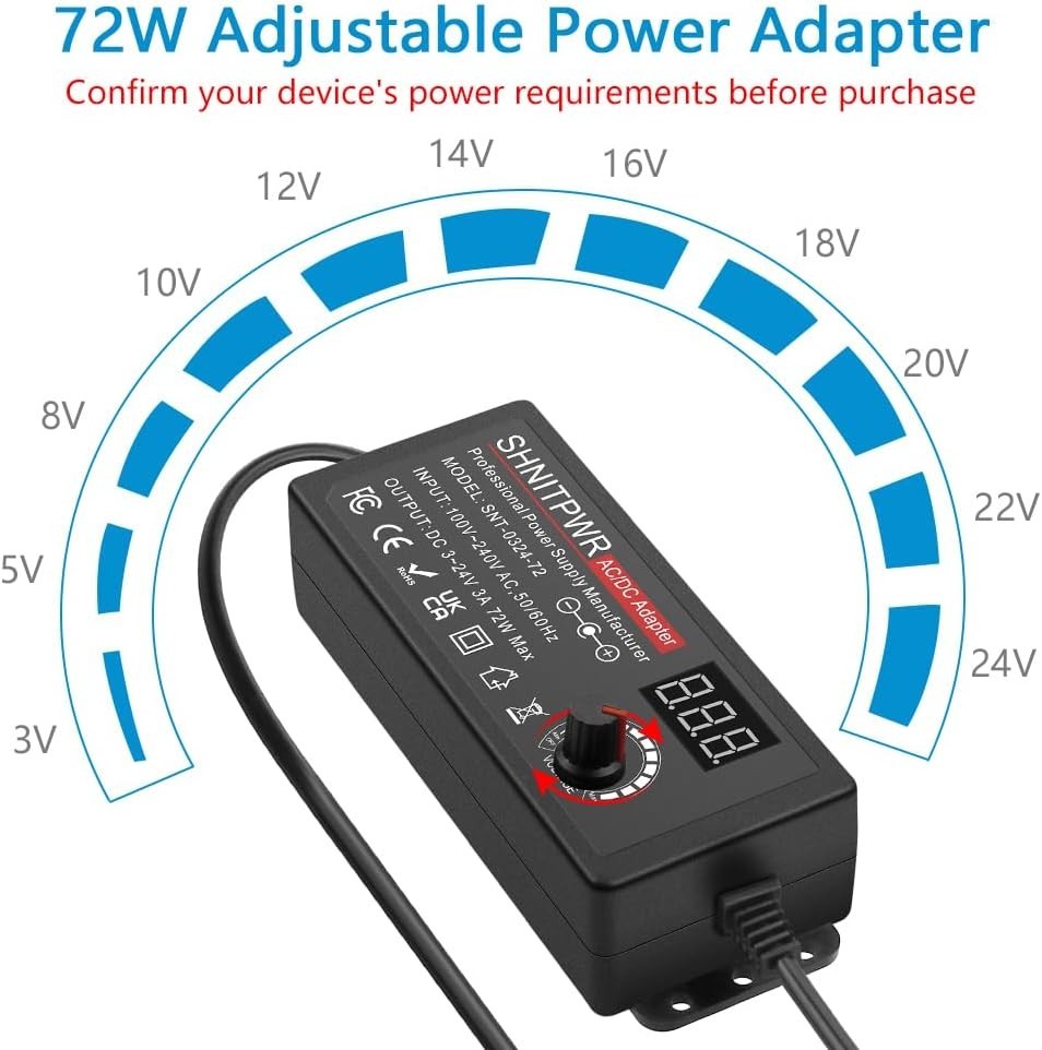 72W Universal AC/DC Adapter with Adjustable Voltage and Multiple Tips Included