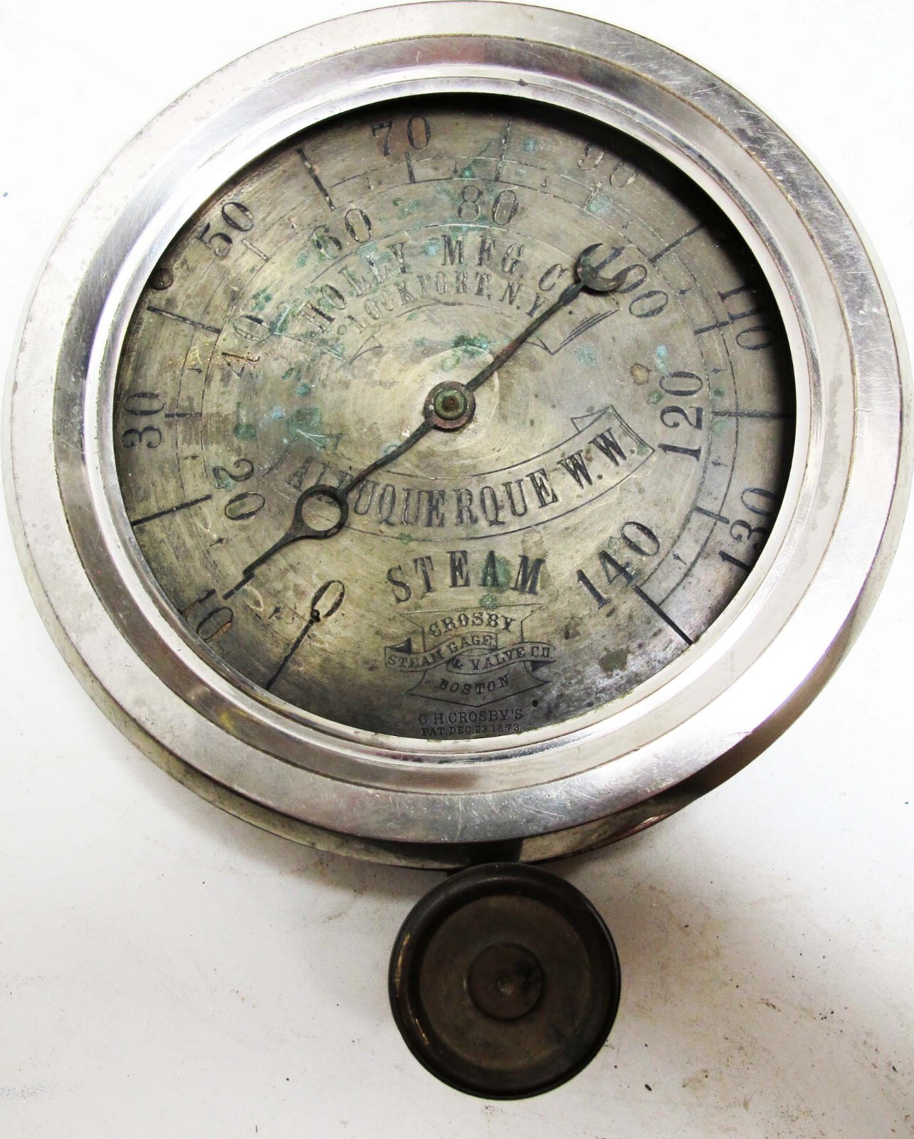 Brass Crosby Steam Gauge Holly MFG Lockport w/Valve Albuquerque W.W. Patent 1873