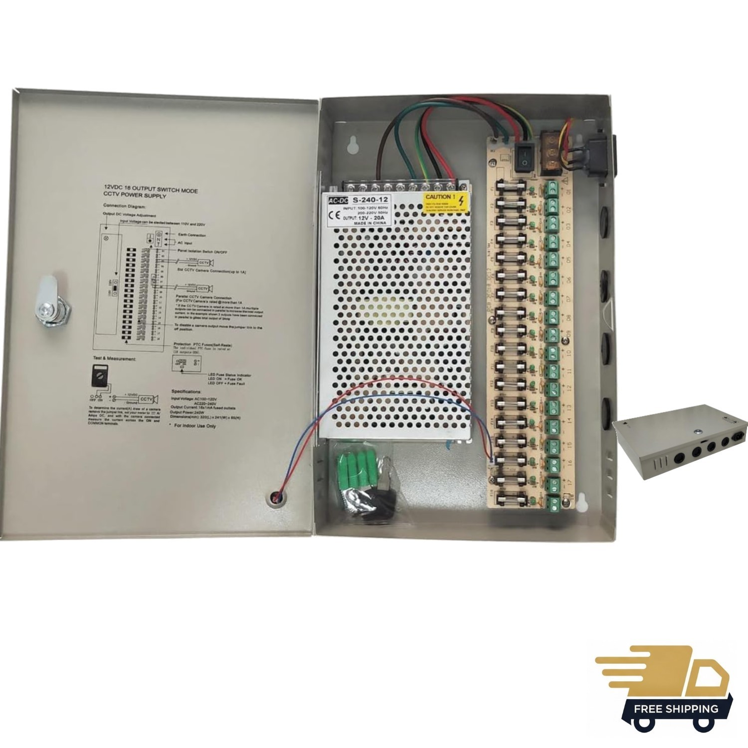 18 Channel 12V Power Supply Box - 20A Distribution for CCTV Security Systems
