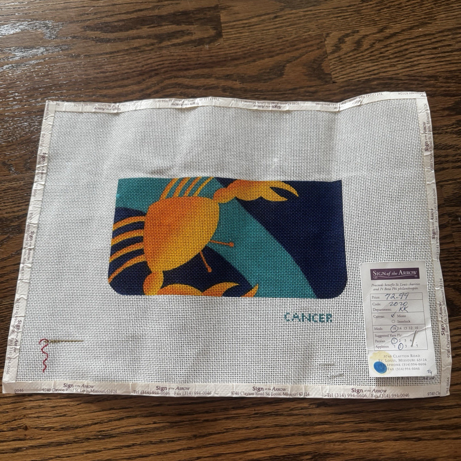 Cancer Zodiac painted needlepoint canvas 18 Ct Teal Blue Crab 4.5" By 8"