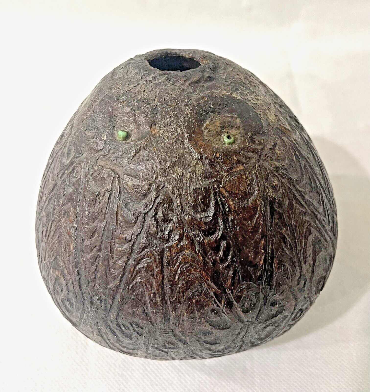 Antique Hand Carved Bugbear Coconut Shell powder flask