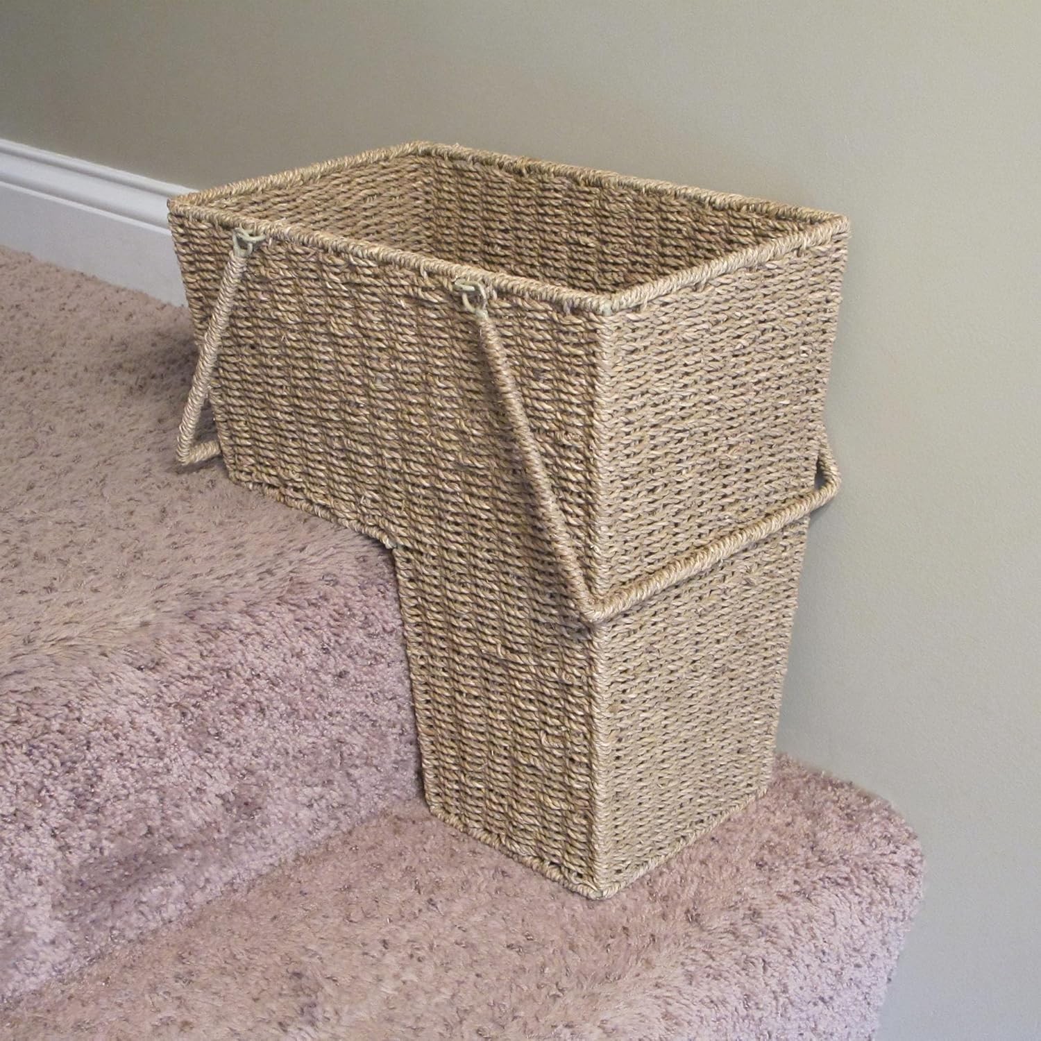 Essentials Wicker Stair Basket with Handles, Handwoven Seagrass