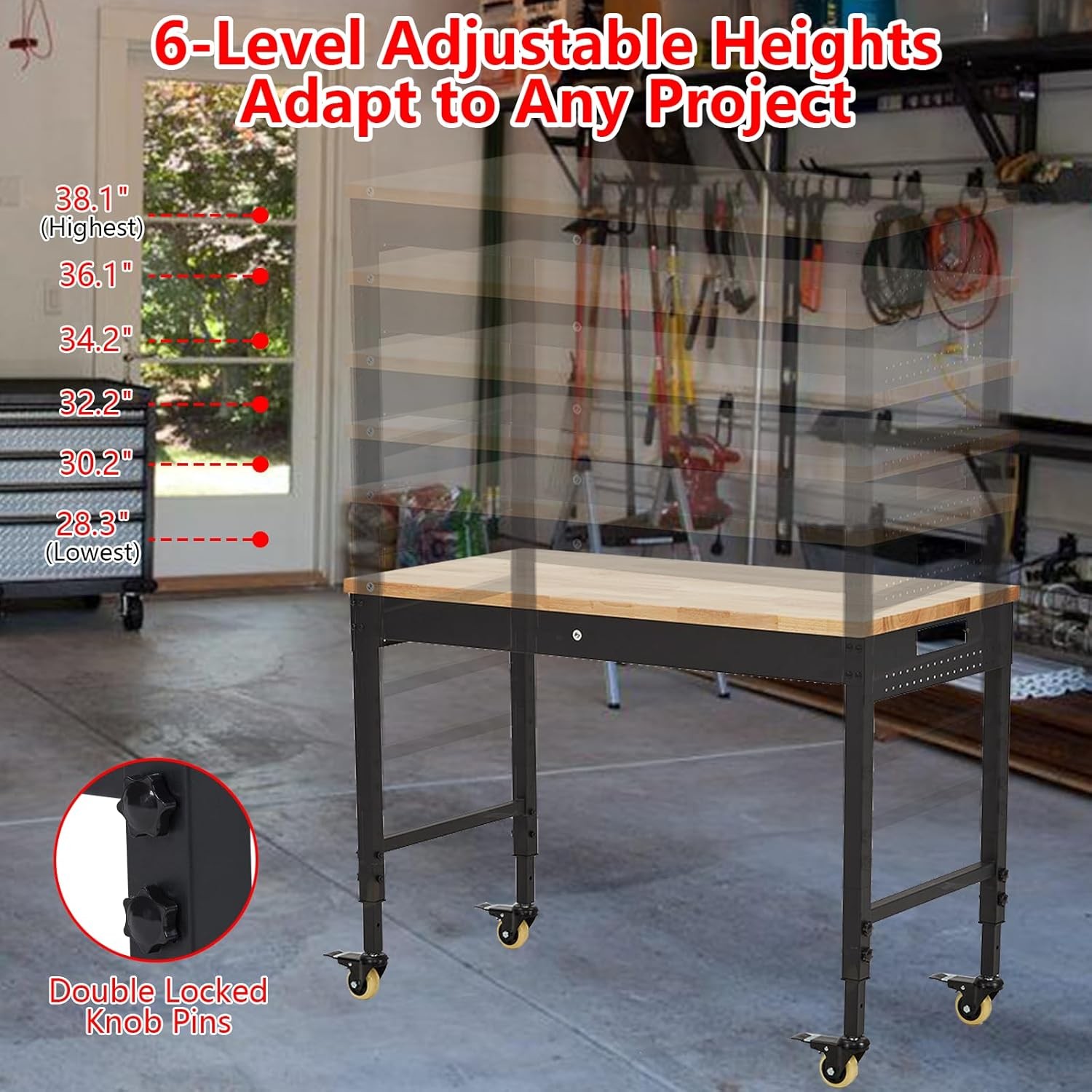 48"X24" Heavy Duty Rolling Workbench with Power Strip & LED, Adjustable Height